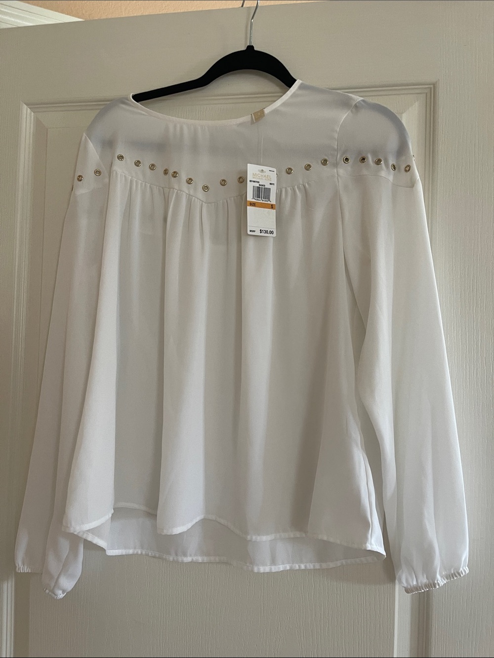 Michael Kors White Long-Sleeve Grommet Yoke Blouse